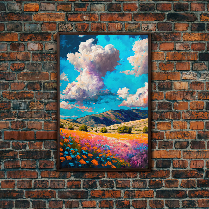 Watercolor Cloudy Day, Fields of Flowers, Framed Canvas Print, Colorful Wall Art, Minimalist Boho Style Wall Art
