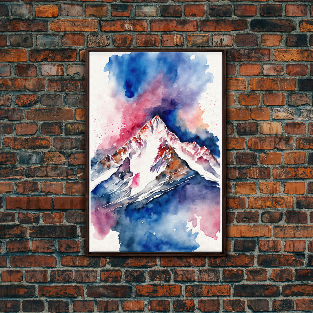 Red, White and Blue Mountain Landscape Watercolor, Framed Canvas Print, Colorful Unique Wall Art