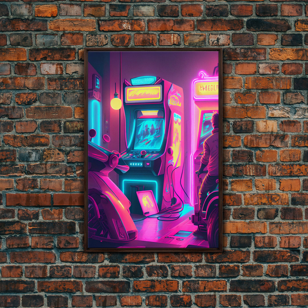 Game Room Decor, Framed Canvas Print, Synthwave Arcade, Boys Room, Gamer Gift, Gaming Wall Art, Video Game Posters, Teen Room