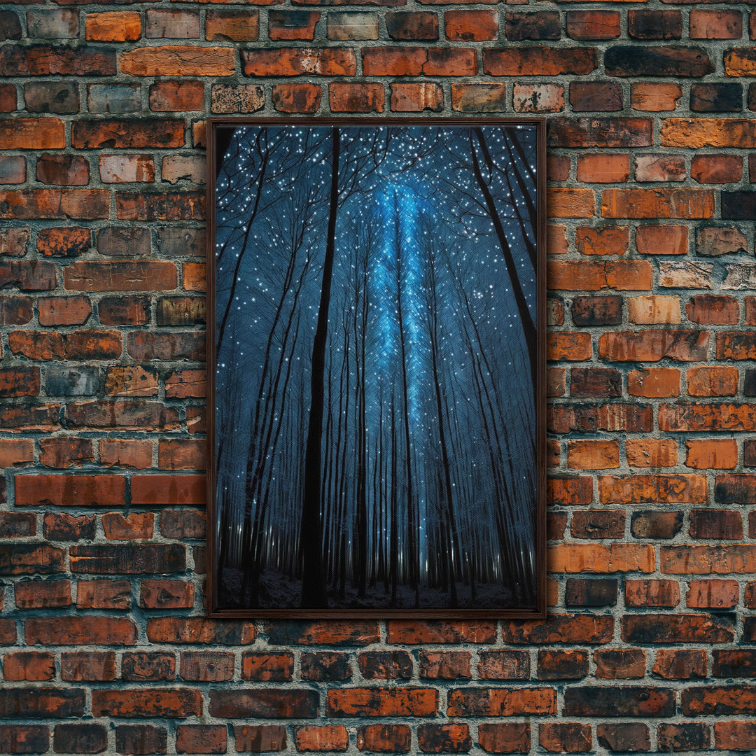 Birch Tree Forest At Night, Starry Night Sky, Framed Canvas Print, Boho Minimalist Farmhouse Decor, Primitive Art