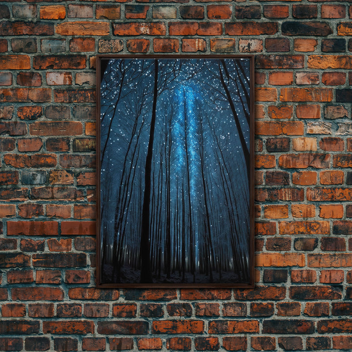 Birch Tree Forest At Night, Starry Night Sky, Framed Canvas Print, Boho Minimalist Farmhouse Decor, Primitive Art