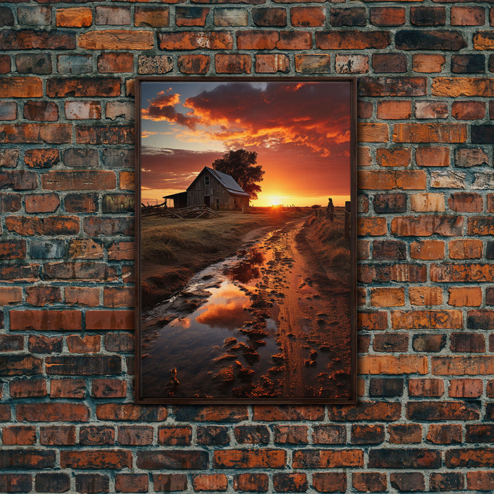 Storm Rolling In Over Country Roads at Sunset, Cottagecore Art, Framed Canvas, Poster Print, Wall Art, Primitive Wall Art, Redneck Art