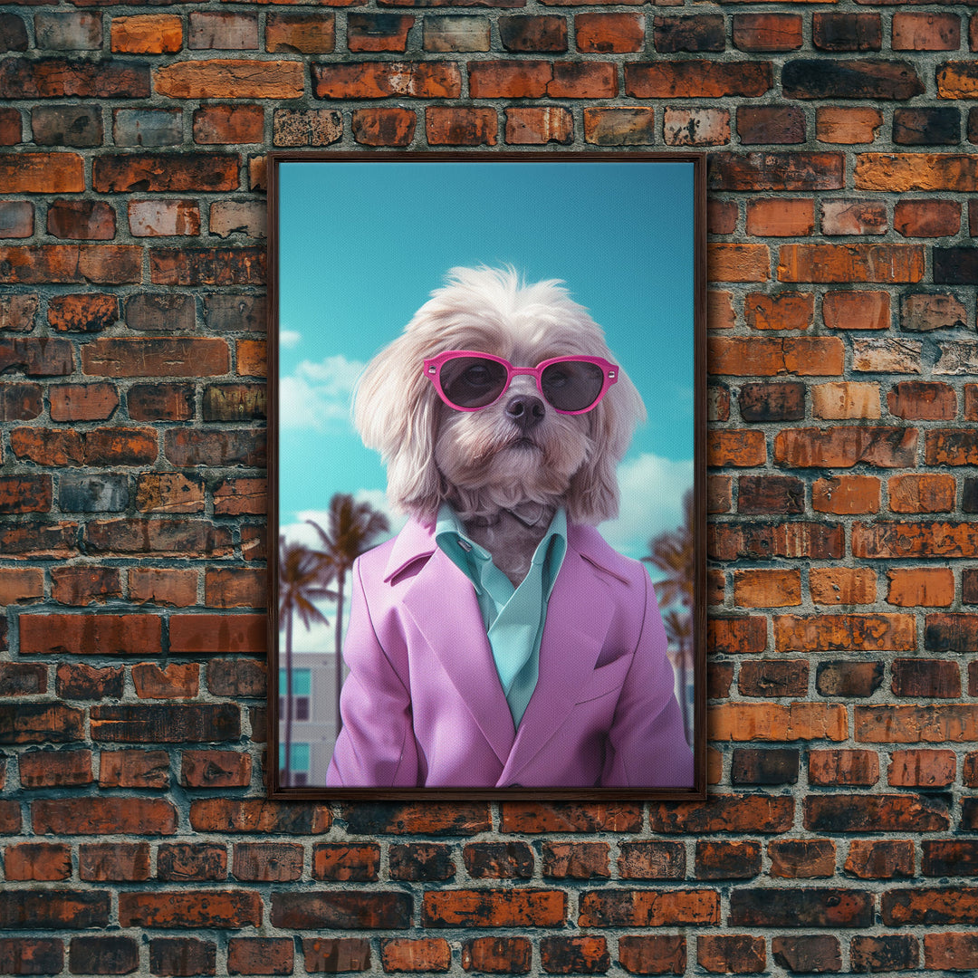 Shih Tzu Wall Print, Dog Wall Art, Dog Sunglasses, Pink Teal Suit, Funny Wall Art, Framed Wall Art, Framed Canvas, Wall Print, Wall Canvas