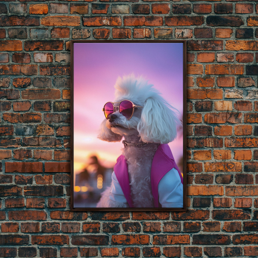 Poodle Wall Print, Dog Wall Art, Dog Sunglasses, Dog In Pink White Suit, Funny Art, Framed Wall Art, Framed Canvas, Wall Print, Wall Canvas