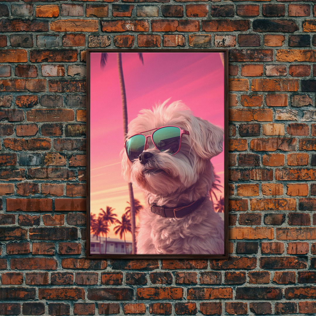Shih Tzu Wall Print, Dog Wall Art, Dog Sunglasses, Palm Trees, Sunset, Funny Art, Framed Wall Art, Framed Canvas, Wall Print, Wall Canvas