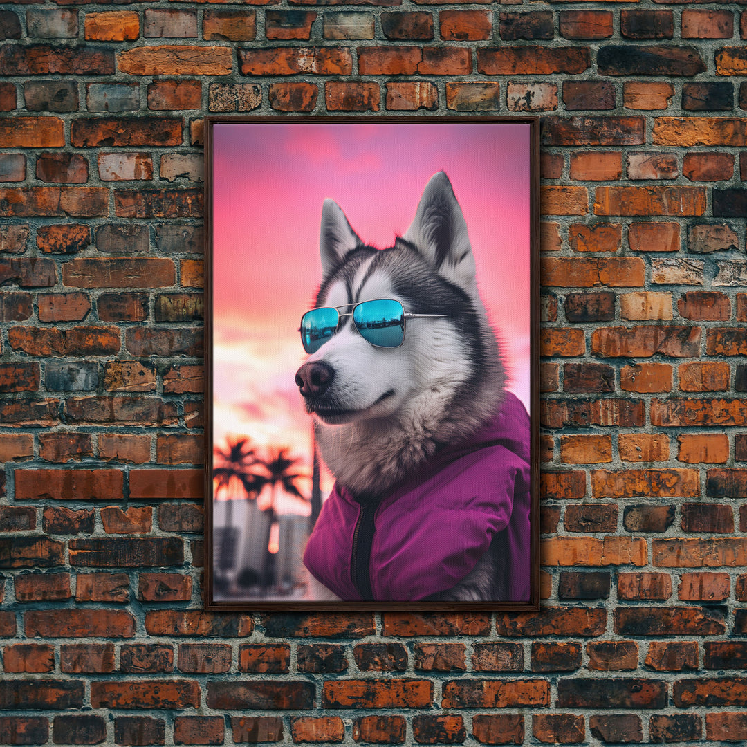 Siberian Husky In Pink Jacket Sunglasses Wall Print, Dog Art Print, Dog Portrait, Framed Wall Art, Framed Canvas, Wall Print, Wall Canvas