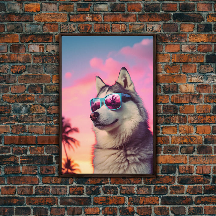 Siberian Husky In Pink Sunglasses Wall Print, Dog Art Print, Dog Portrait, Framed Wall Art, Framed Canvas, Wall Print, Wall Canvas