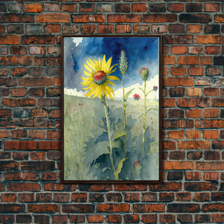 Watercolor Painting Print of a Sunflower and Wildflowers, Framed Canvas Art, Framed Print, Living Room Wall Decor