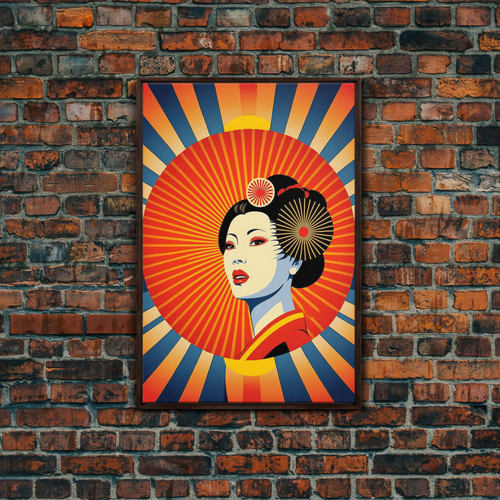 Portrait of a Geisha, Pop Art Style, Art Deco Sunburst, Framed Canvas Print
