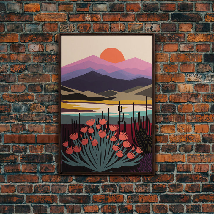 Boho Style Mountain Landscape, Minimalist Art, Sunset Over The Mountains