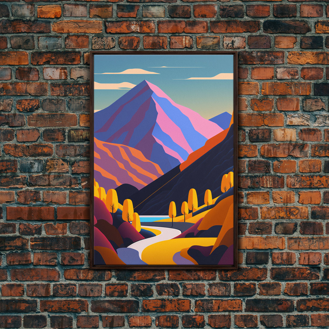 Retro Style Purple Mountain Landscape, Framed Canvas Print, MCM Style Art, Framed Wall Art, Wall Decor, Living Room / Guest Room Art