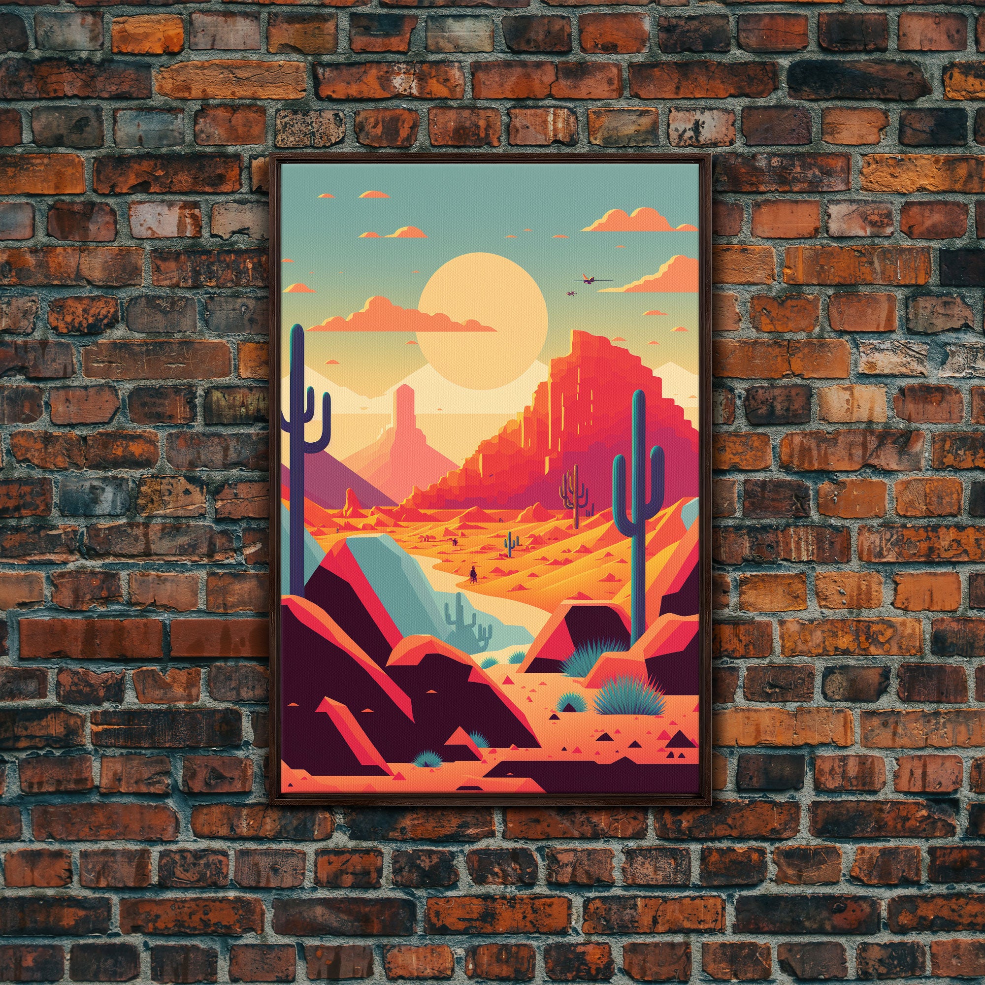 Retro Synthwave Desert Landscape Art, Framed Canvas Print, Unique