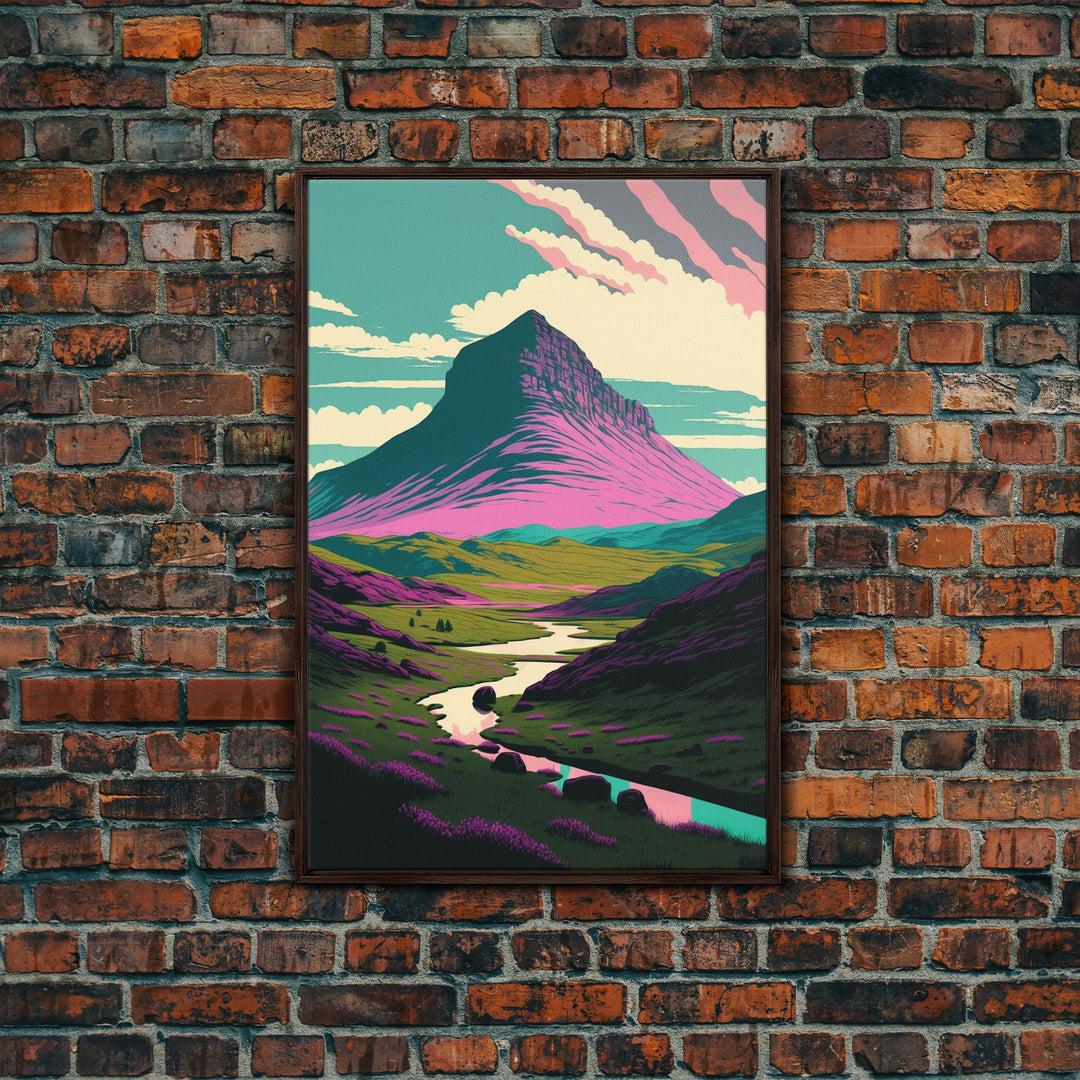 Retro Style Purple Mountain Landscape, Framed Canvas Print, MCM Style Art, Framed Wall Art, Wall Decor, Living Room / Guest Room Art