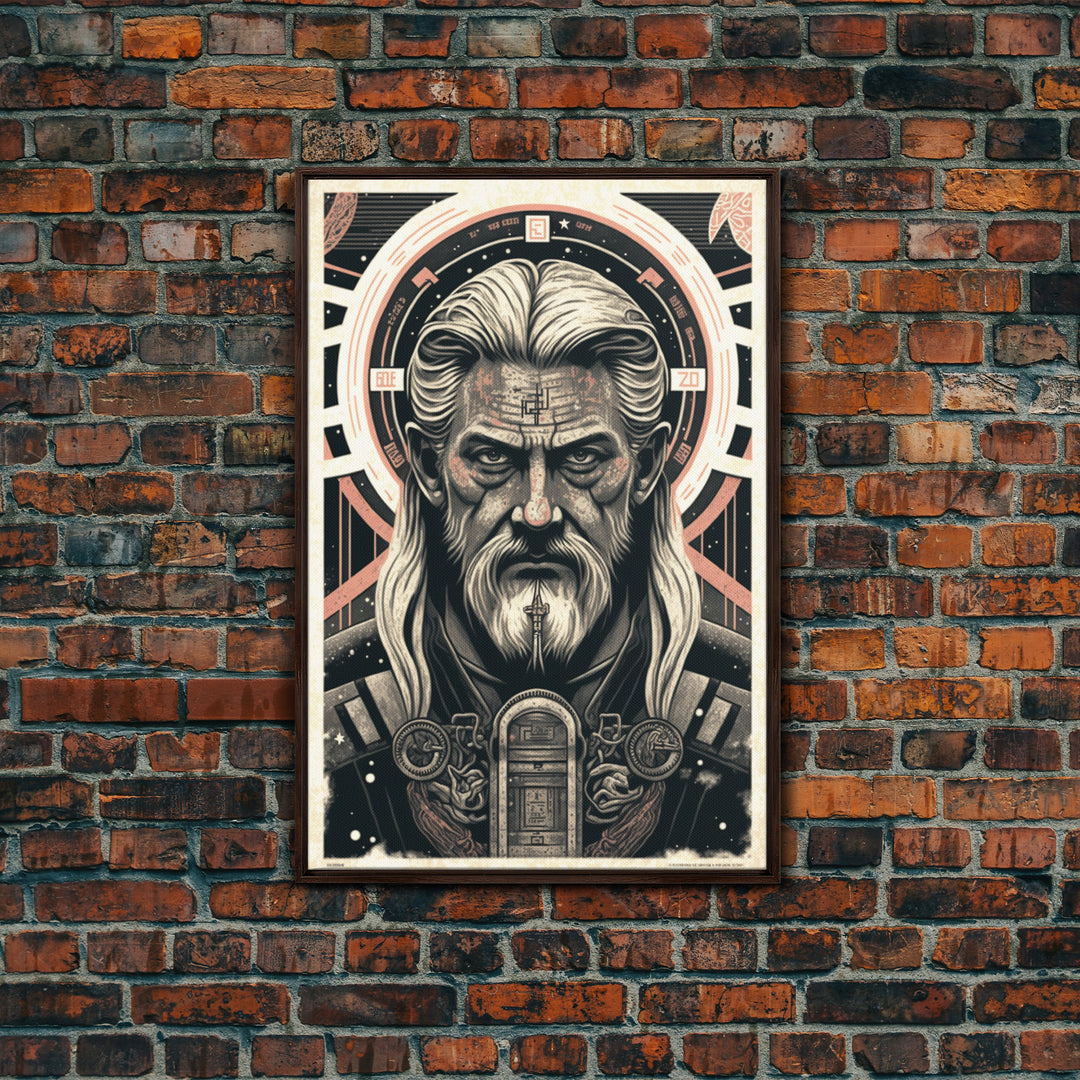 Grunge / Cyberpunk Odin, Norse Mythology, Wall Art, Framed Canvas Print, Futuristic Portrait of Odin