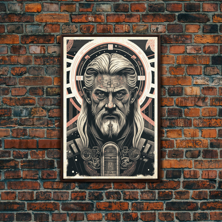 Grunge / Cyberpunk Odin, Norse Mythology, Wall Art, Framed Canvas Print, Futuristic Portrait of Odin