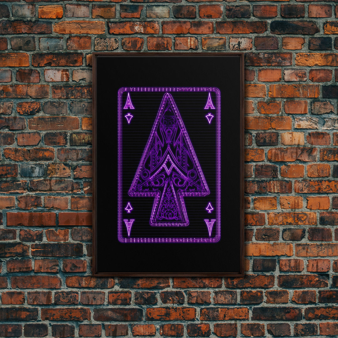 Neon Lights Purple Ace Of Spades Wall Decor, Poker Wall Art, Cards, Minimalist Print, Wall Decor, Canvas Print, Wall Art, Framed Canvas