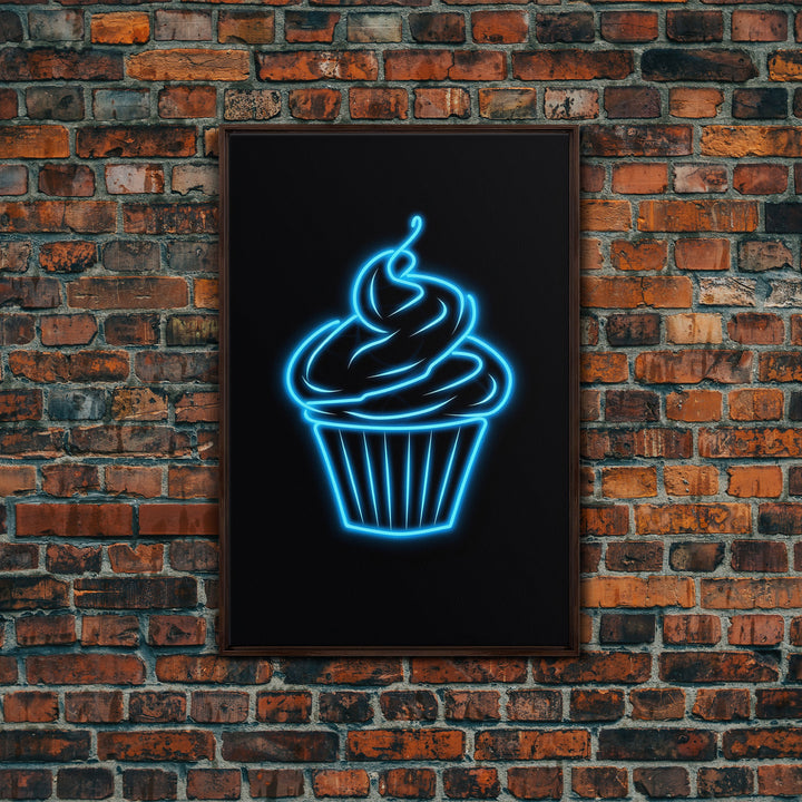 Blue Neon Lights Cupcake Wall Decor, Kitchen Wall Art, Glowing Art, Minimalist Print, Wall Decor, Canvas Print, Wall Art, Framed Canvas