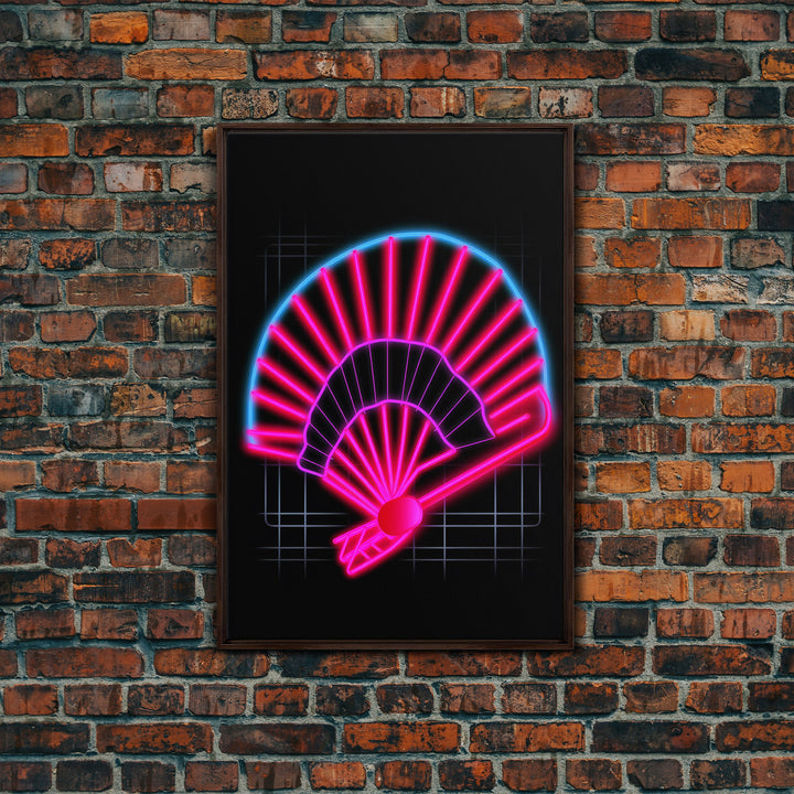Neon Lights Folding Fan Wall Art, Line Art Print, Pink, Glowing Art, Minimalist Print, Wall Decor, Canvas Print, Wall Art, Framed Canvas