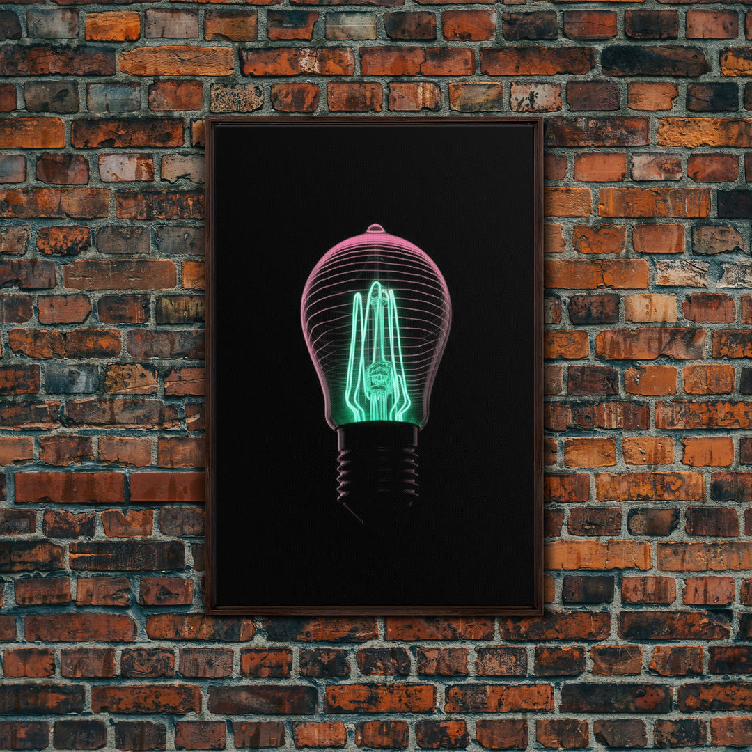 3D Light Bulb Wall Art, Neon Lights Art, Teal, Pink, Minimalist Print, Wall Decor, Canvas Print, Wall Art, Framed Canvas