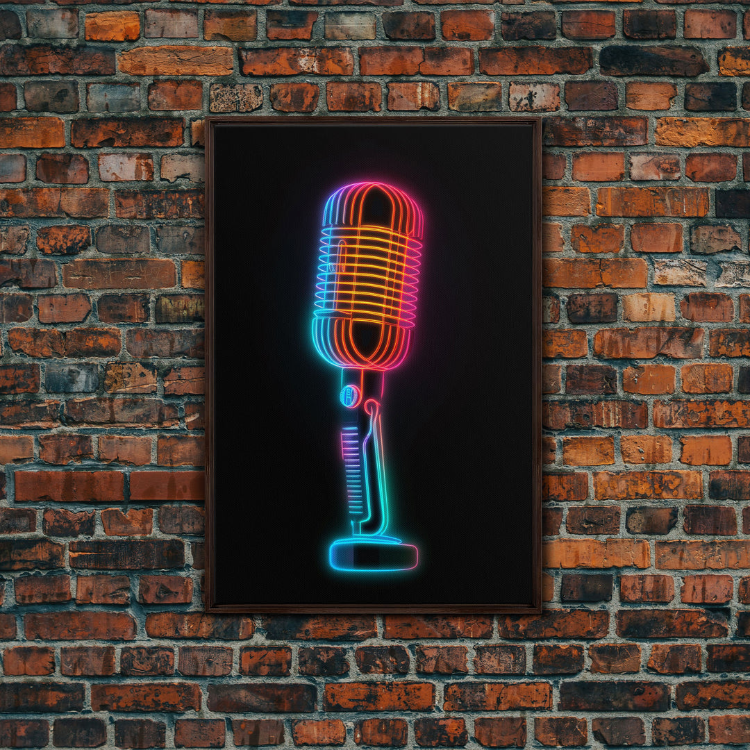 Neon Lights Retro Microphone Wall Art, Vibrant Art, Music Room Wall Art, Minimalist Print, Wall Decor, Canvas Print, Wall Art, Framed Canvas