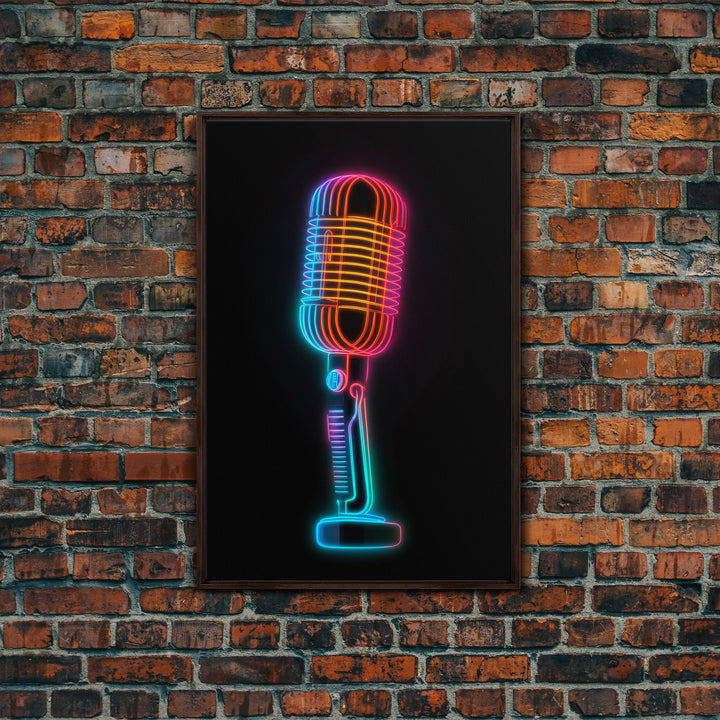 Neon Lights Retro Microphone Wall Art, Vibrant Art, Music Room Wall Art, Minimalist Print, Wall Decor, Canvas Print, Wall Art, Framed Canvas