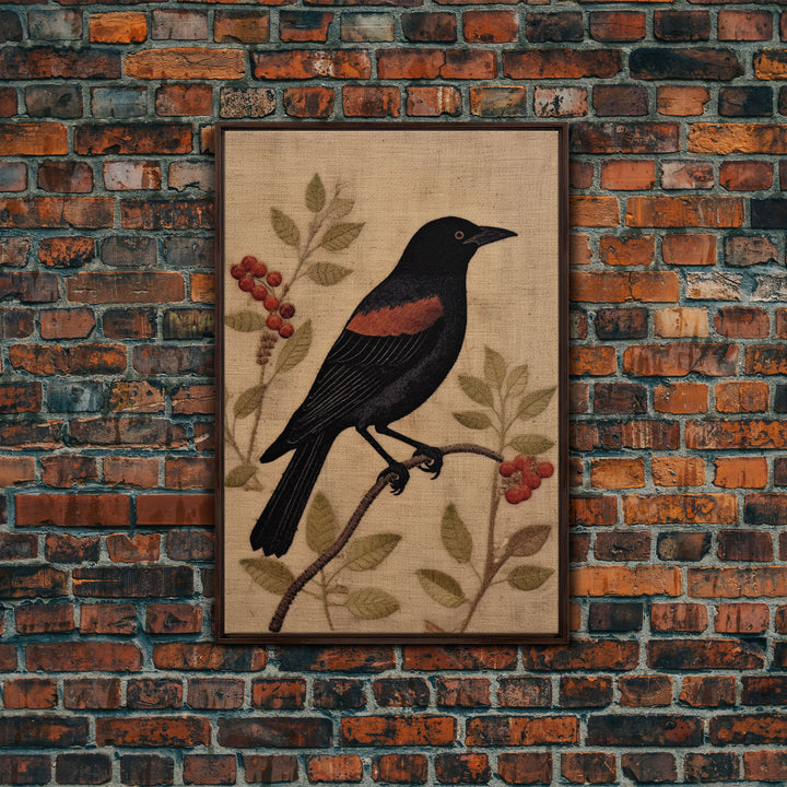Raven Print, Antique Bird Painting Print, Vintage Drawing Framed Canvas Print Wall Art, Black Raven, bird nature print, bird lovers gift