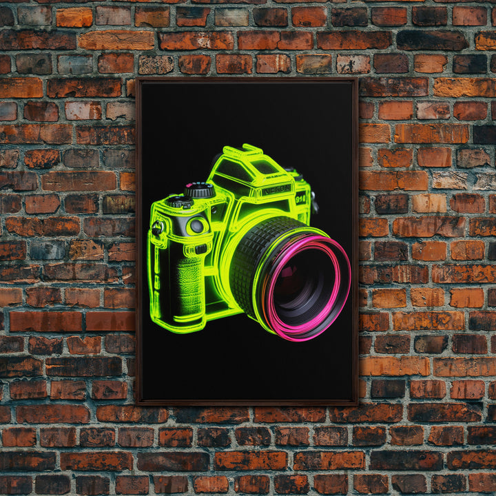 Neon Green Camera Wall Art, Neon Wall Decor, Photography Art,  Minimalist Print, Wall Decor, Canvas Print, Wall Art, Framed Canvas