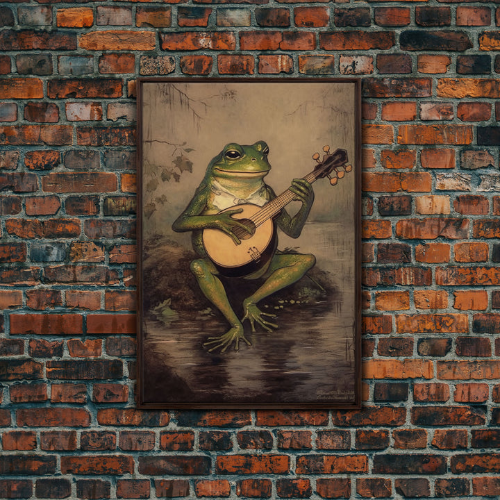 The Banjo Toad, Frog Playing A Banjo In The Moonlight, Vintage Canvas Print or Poster, Funny Frog Art, Retro Art, Vintage Print