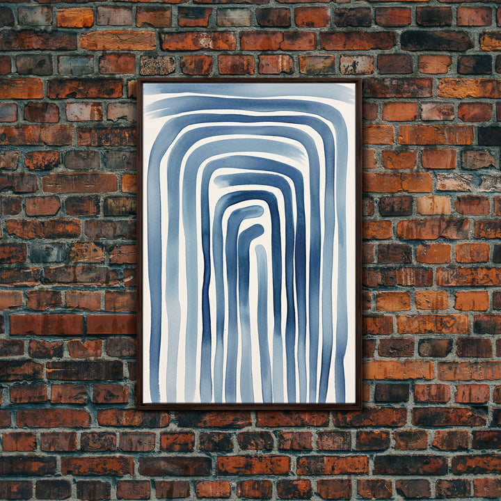Framed Canvas Print Watercolor Blue Geometric Pastel Lines, Minimalist Abstract Room Decor, Mid-Century Modern Art Print, Retro Art
