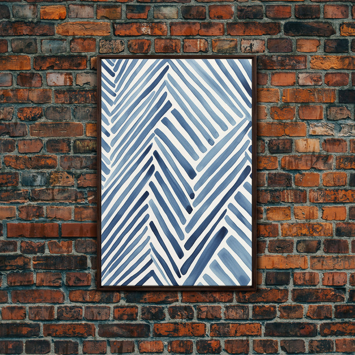 Framed Canvas Print Watercolor Blue Geometric Pastel Lines, Minimalist Abstract Room Decor, Mid-Century Modern Art Print, Retro Art