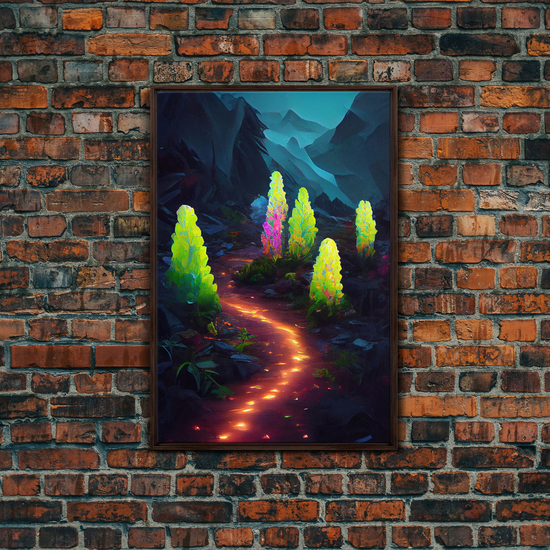 Magical forest canvas print, glowing mushroom art, fantasy forest wall art, gloomy dark home decor, luminescent forest trail wall art