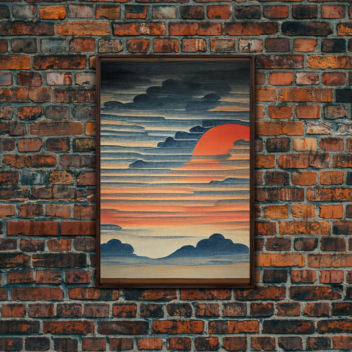 Japanese style wall art, sunrise over the mountains, canvas print, woodblock print style art, Hokusai style wall art