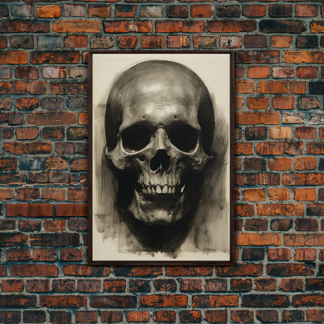 Charcoal Drawing, Gothic Art Print, Human Skull Decor, Canvas Print, Wall Art, Vertical Art, Entryway Prints, Wall Hanging, Birthday Gift