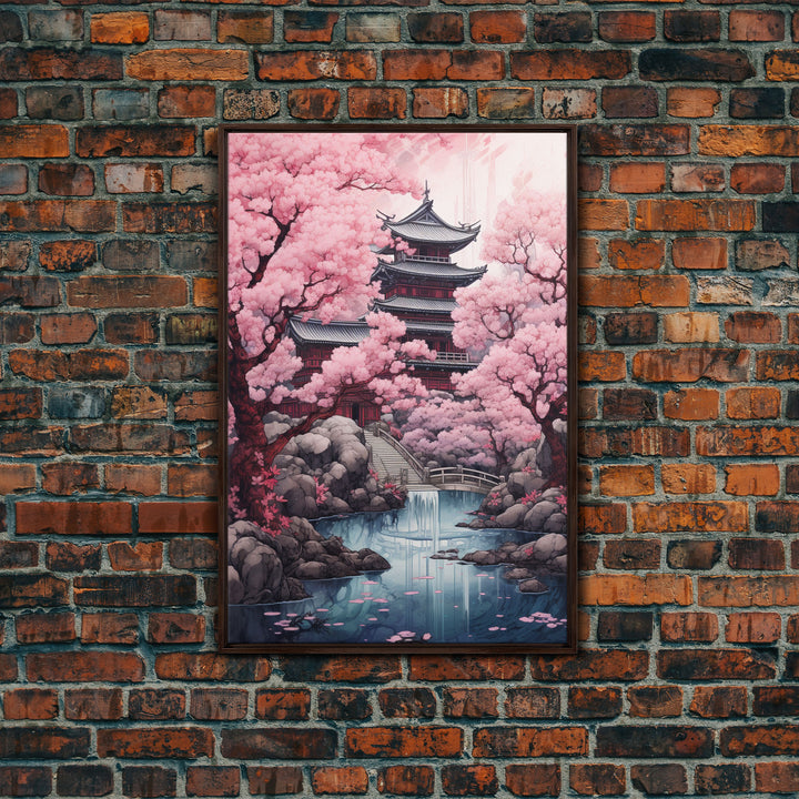 Pagoda Wall Art, Japanese Wall Art, Asian Art, Cherry Blossom Tree, Canvas Print, Wall Art, Vertical Art, Engagement Gift, Prints Wall Art