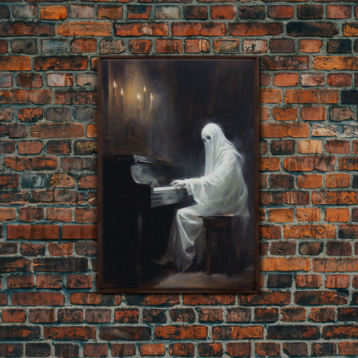 Spooky White Ghost Playing A Piano, Gothic Victorian Halloween Art, Halloween Decoration / Wall Art, Skeleton Art, Gothic Oil Painting
