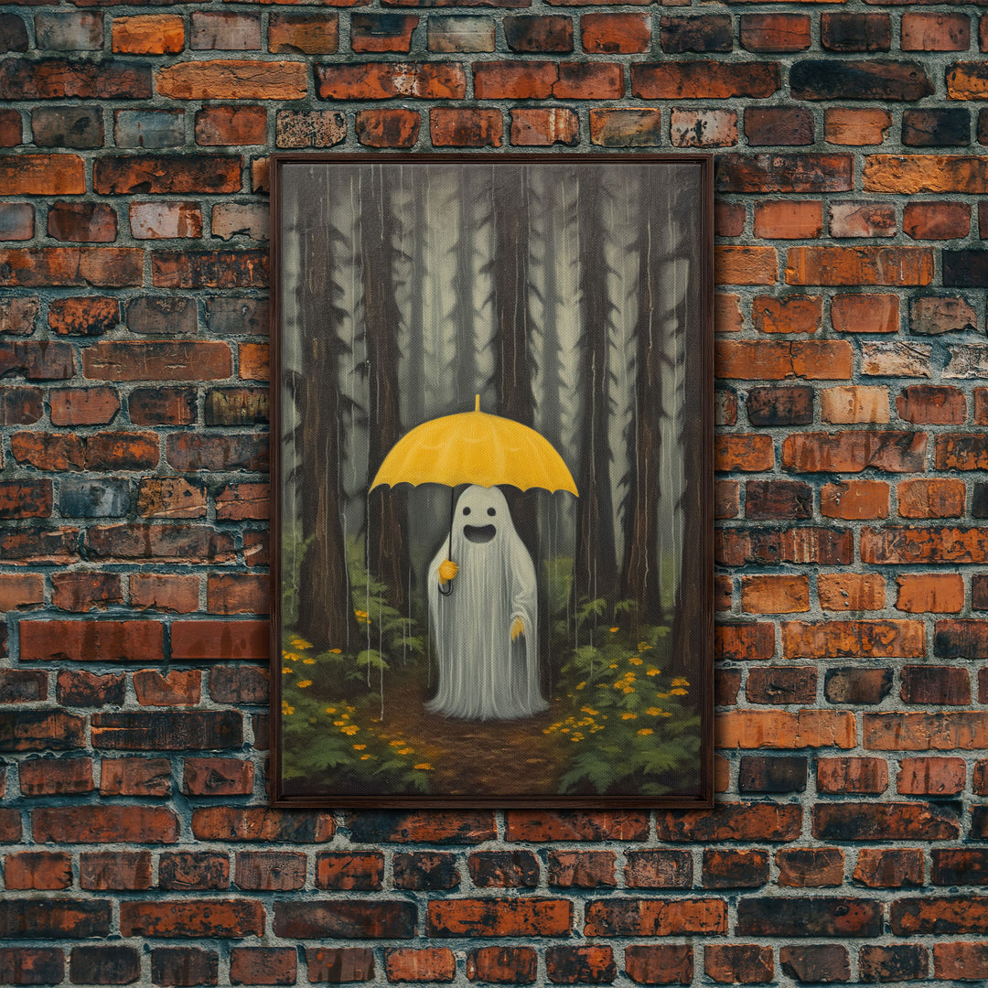 Happy Ghost In The Rain,  Vintage Halloween Canvas, Framed Canvas Print, Cute Wall Art, Who's Haunting Who?