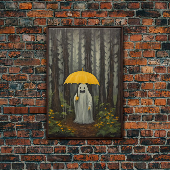 Happy Ghost In The Rain,  Vintage Halloween Canvas, Framed Canvas Print, Cute Wall Art, Who's Haunting Who?