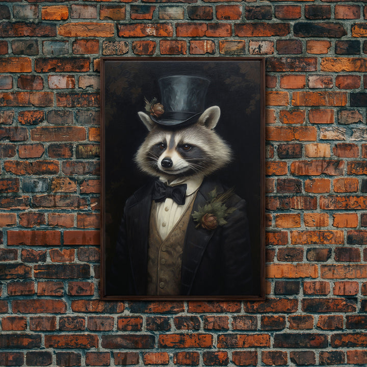 Distinguished Dapper Gentleman Raccoon, Funny Animal Prints, Humorous Art, Framed Canvas, Wall Art, Canvas Print, Funny Halloween Decor