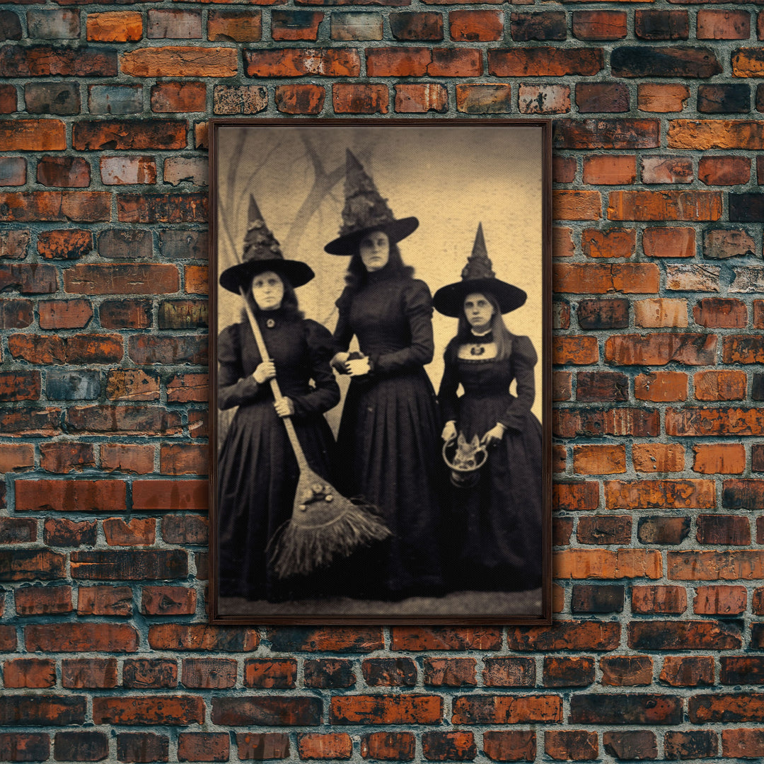 Victorian Witches, Vintage Tintype Style Photograph, Framed Canvas Print, Gothic Wall Art, Dark Academia, Witch Art