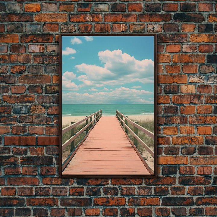 Beach Boardwalk, Vaporwave Summer Vibes, Framed Canvas Print, Retro Midcentury Modern Art, Liminal Art, Minimalist MCM Lakehouse Art
