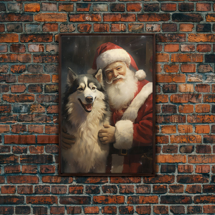Santa Claus Holding An Alaskan Malamute,  Christmas Wall Art, Dog Gift, Christmas Dog, Winter Wall Art, Santa Decor, Santa Art Print