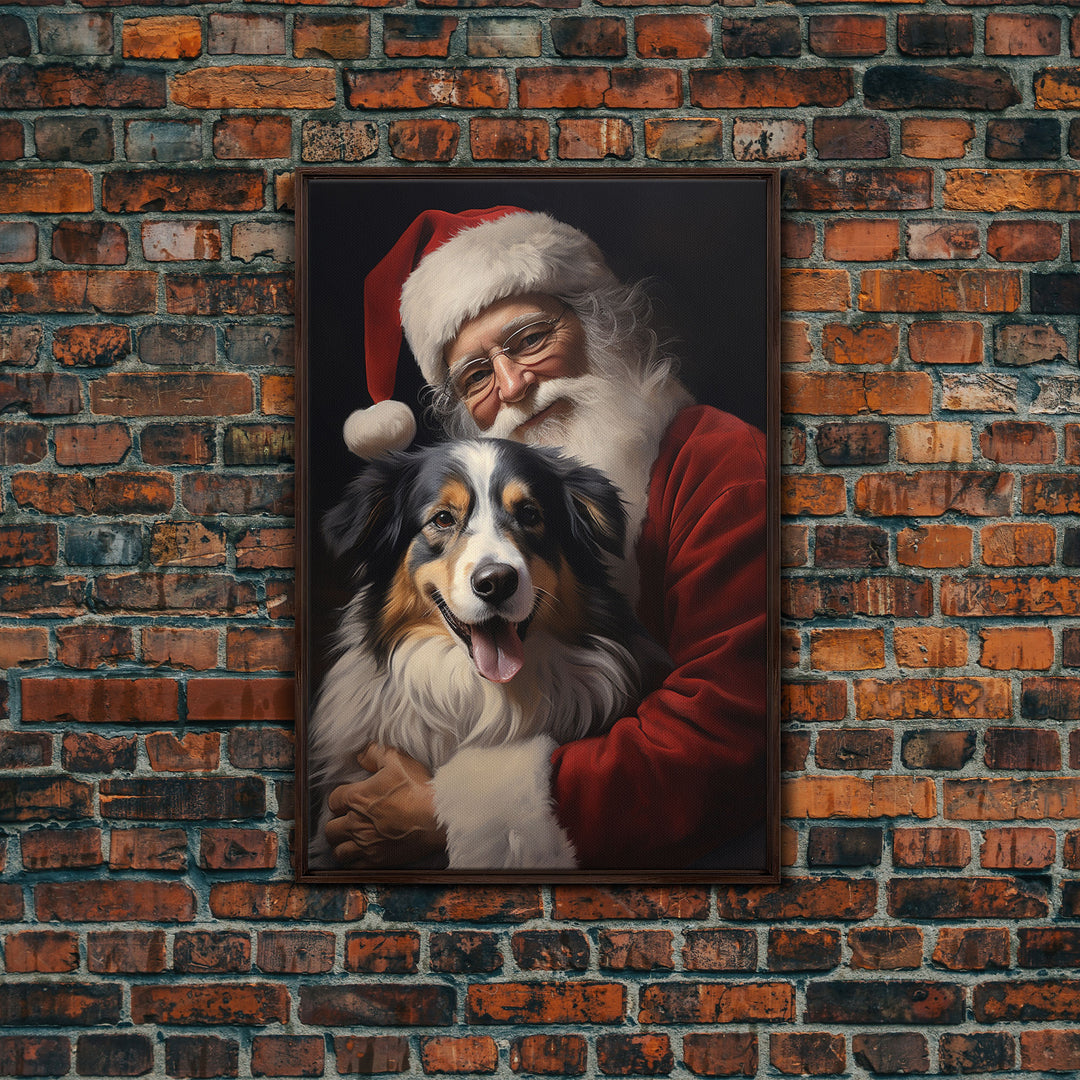 Santa Claus And His Australian Shepherd, Christmas Wall Art, Dog Gift, Christmas Dog, Winter Wall Art, Santa Decor, Santa Art Print