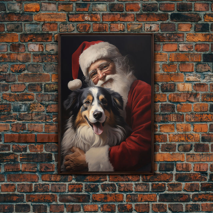 Santa Claus And His Australian Shepherd, Christmas Wall Art, Dog Gift, Christmas Dog, Winter Wall Art, Santa Decor, Santa Art Print