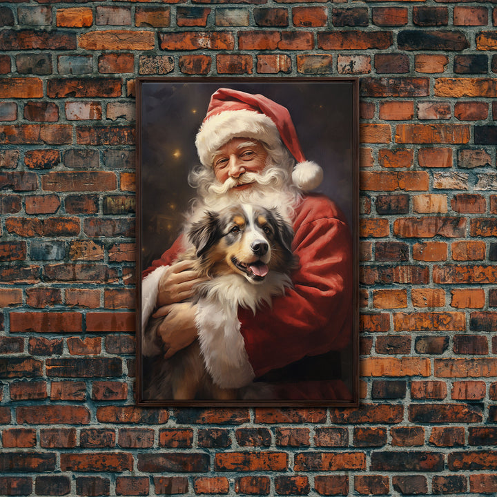 Santa Claus And His Australian Shepherd, Christmas Wall Art, Dog Gift, Christmas Dog, Winter Wall Art, Santa Decor, Santa Art Print