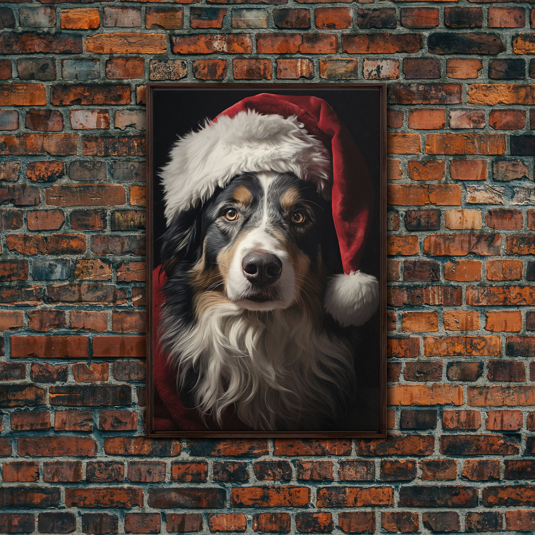 Portrait Of An Australian Shepherd In A Santa Hat, Christmas Art, Christmas Decor, Christmas Wall Art, Christmas Painting, Vintage Christmas