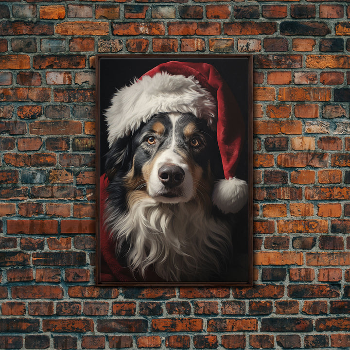 Portrait Of An Australian Shepherd In A Santa Hat, Christmas Art, Christmas Decor, Christmas Wall Art, Christmas Painting, Vintage Christmas