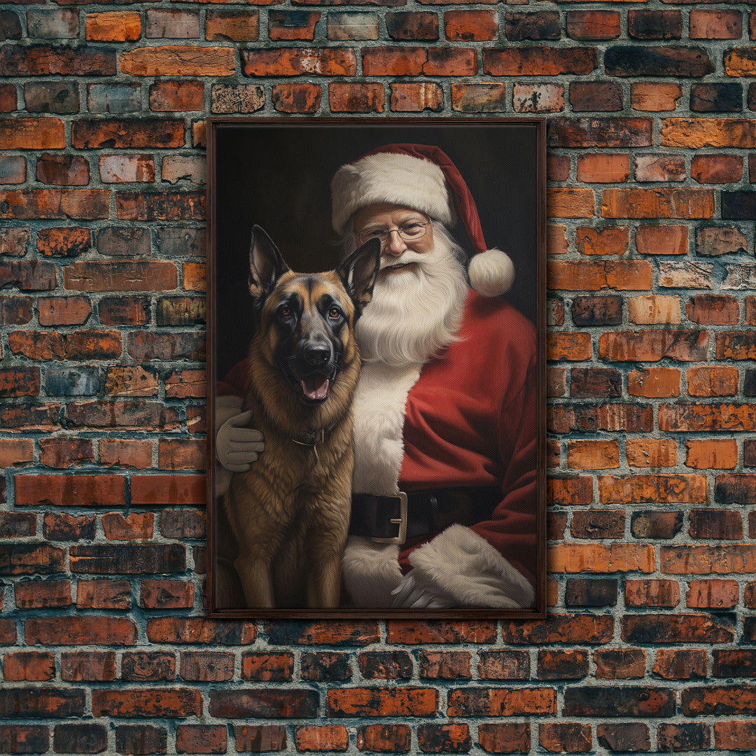 Santa Claus and his Belgian Malinois, Cute Dog Art, Framed Canvas Print, Christmas Art, Christmas Decor, Christmas Art Print, Cute Dog Print
