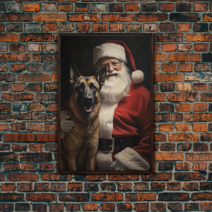 Santa Claus and his Belgian Malinois, Cute Dog Art, Framed Canvas Print, Christmas Art, Christmas Decor, Christmas Art Print, Cute Dog Print
