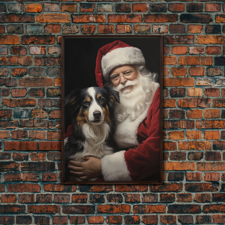 Santa Claus And His Border Collie, Christmas Wall Art, Dog Gift, Christmas Dog, Winter Wall Art, Santa Decor, Santa Art Print, Cute Dog