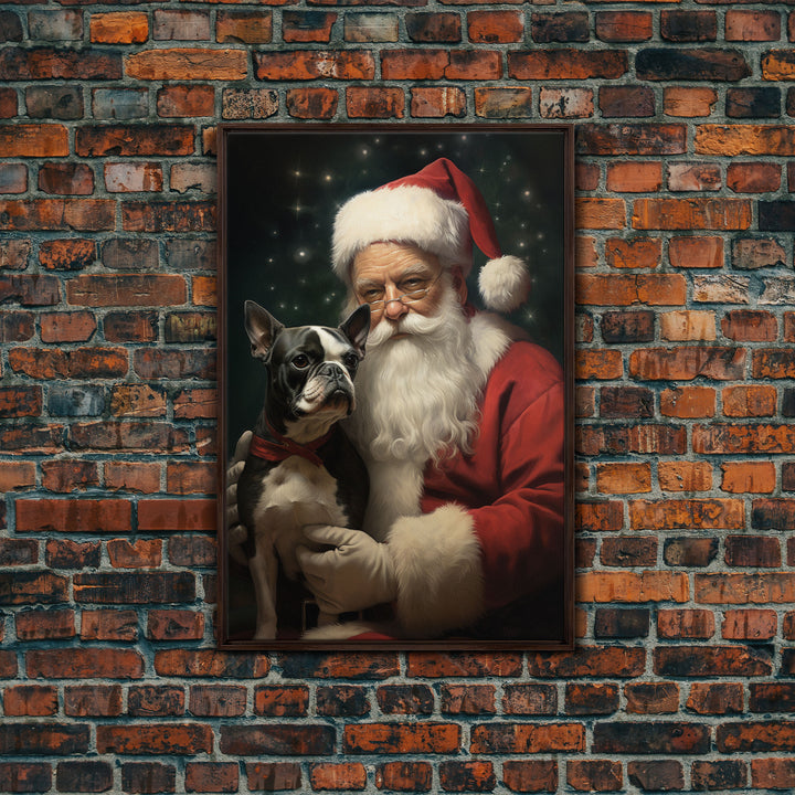 Santa Claus And His Boston Terrier, Christmas Wall Art, Dog Gift, Christmas Dog, Winter Wall Art, Santa Decor, Santa Art Print, Cute Dog